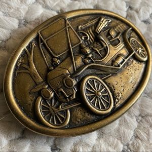 Antique Car Belt Buckle Oval Vintage Gold Black